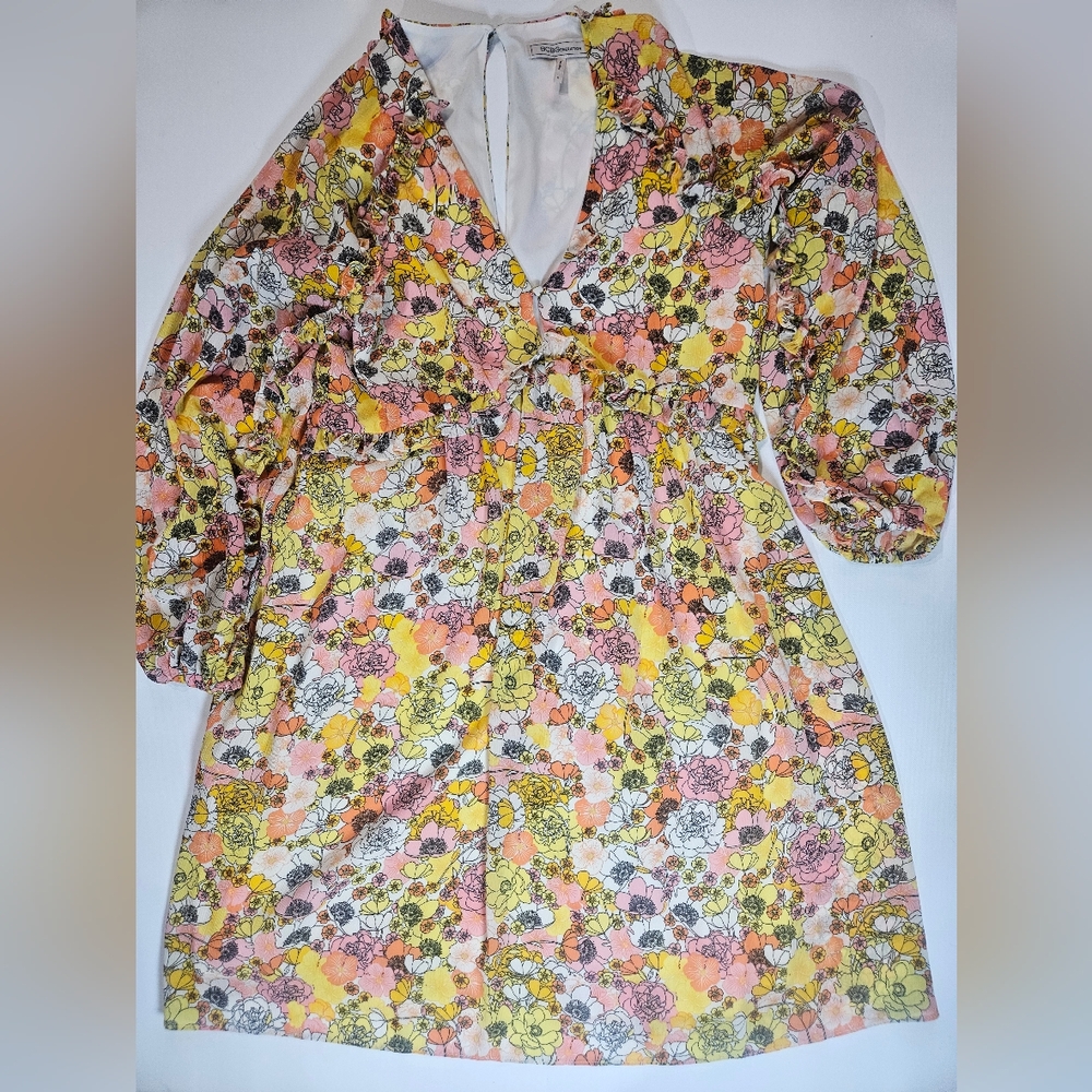 BCBGeneration Midi Dress Womens Size‎ 4 Yellow Pink Orange Floral Cottagecore